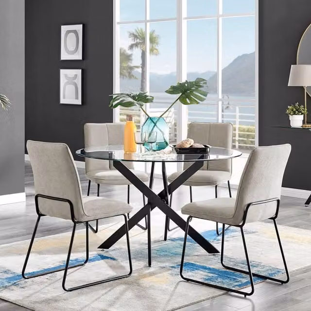 FurnitureboxUK Novara Round Glass Dining Table with 4 Halle Chairs in Taupe