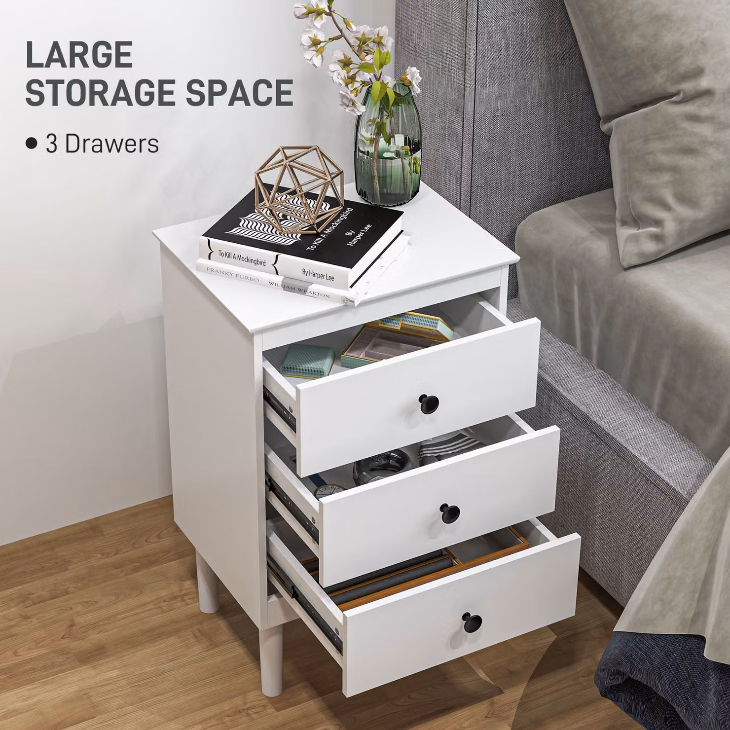 HOMCOM Set of 2 Modern White Bedside Tables with 3 Drawers, W/D/H: 40 x 30 x 64 cm – 3