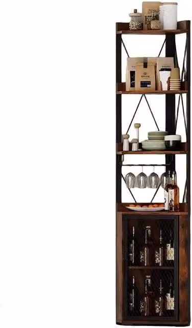 VOGREX Industrial Corner Bar Cabinet in Brown with Glass Doors, Wine Rack and Glass Holder, Height: 178 cm