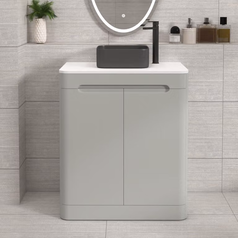 Royal Bathrooms Venice 700mm Floor Standing 2 Door Vanity Unit in Dove Grey with Plain White Worktop and Art Square Basin