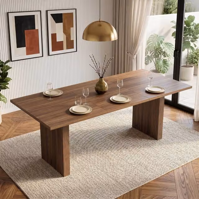 Merax Walnut Extending Dining Table with Fluted Pedestal Legs, Brown, W/D/H: 140 x 60 x 60 cm (Extendable)