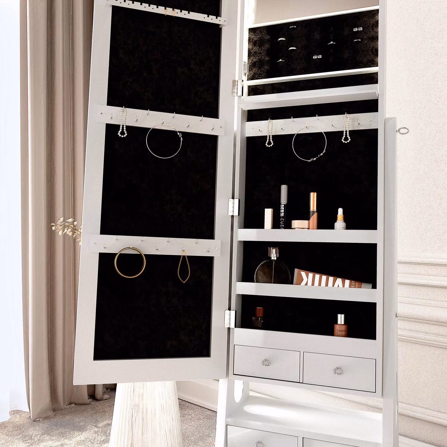 CARME HOME Nikita Free Standing Full Length LED Mirror Jewellery Cabinet in White – 3
