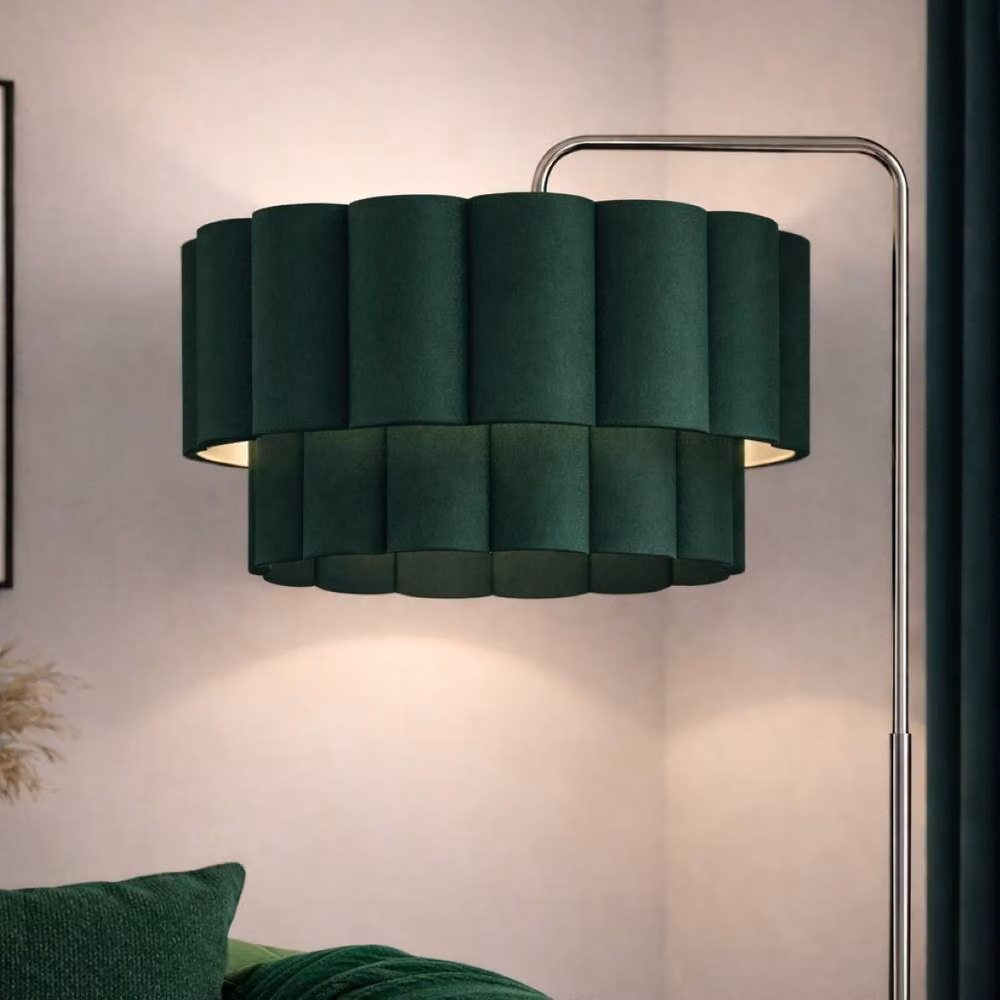 CGC Lighting Kyra Cream Angled Floor Lamp with Two Layer Scalloped Dark Green Fabric Lampshade – 3