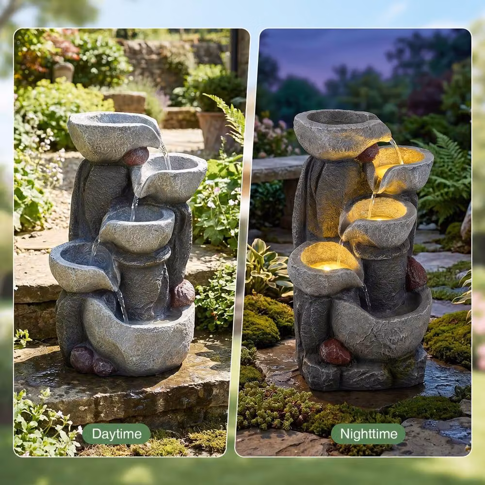 Gymax Grey Tabletop Outdoor Water Fountain with LED Lights and Cascading Round Bowl – 10