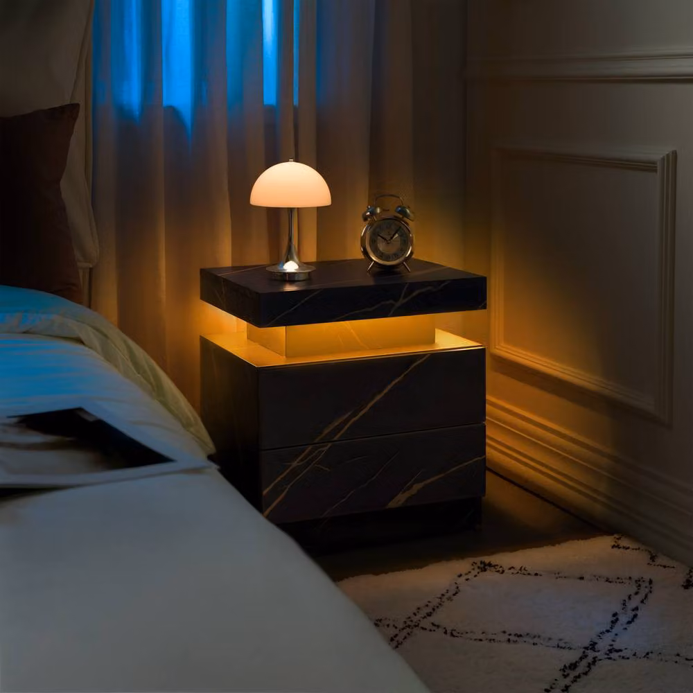 Direct Wicker Modern Black Rattan Bedside Cabinet with Integrated LED Lighting and Stone Pattern Decoration – 6