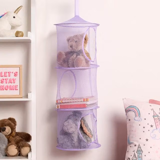 OHS 3 Tier Hanging Mesh Toy Storage Organiser Basket in Purple