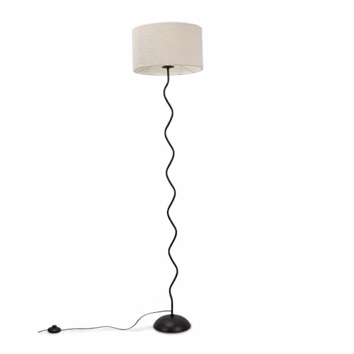 ValueLights Black Metal Wavy Single Stem Floor Lamp with Cream Boucle Shade and Warm White LED Bulb, H 155 cm x W 35 cm x D 35 cm