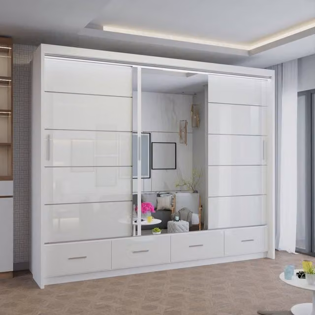 Sliding Wardrobes 4U Modern High Gloss Sliding Wardrobe with Integrated LED Lighting, White, W: 255 cm, H: 220 cm