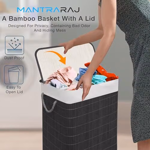 MantraRaj 105L Bamboo Laundry Basket with Lid and Two Compartments, Black and Grey – 4