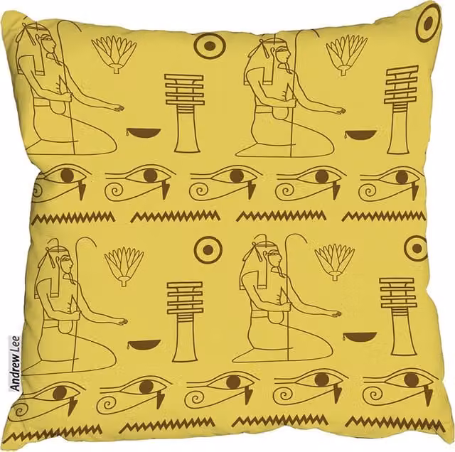 Andrew Lee Egyptian Hieroglyphics Pattern Cushion, Yellow, W/D/H: 60 x 60 x 1 cm