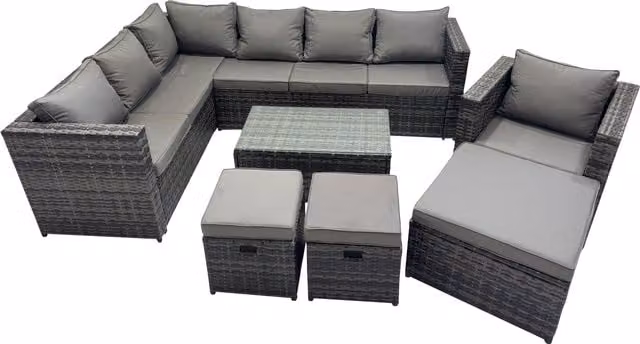 Fimous Modern Rattan Garden Furniture Set in Grey with Upholstered Cushions and Glass Coffee Table