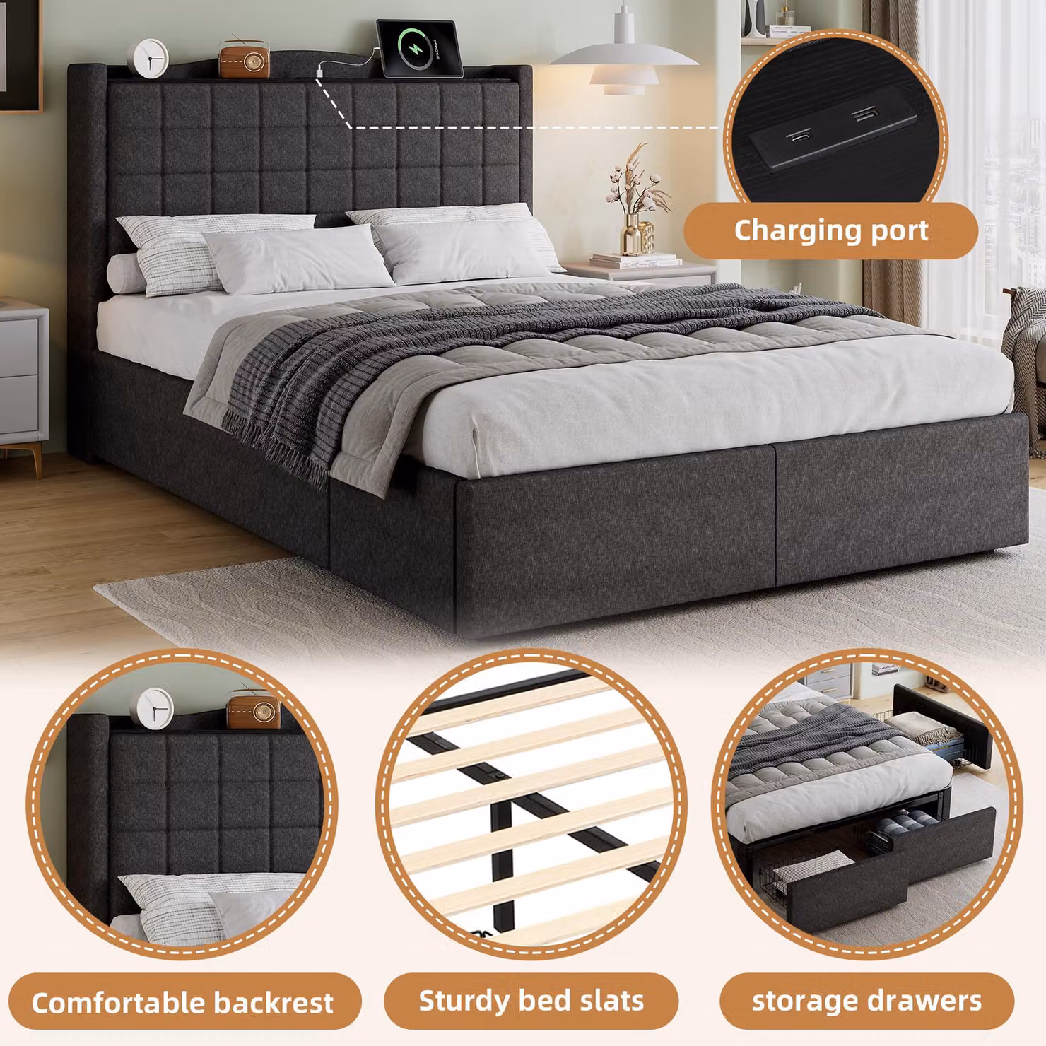 Aosom UK Grey Upholstered Bed Frame with 4 Under-Bed Drawers, H x W x D: 111 x 140 x 208 cm – 3