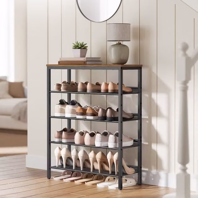 VASAGLE 5-Tier Industrial Shoe Rack with Metal Mesh Shelves in Brown and Black, W/D/H: 75 x 30 x 93 cm