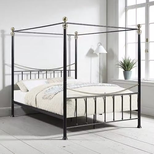 OAT Home Marylebone Traditional Victorian Style Four Poster Metal Bed Frame, Black, King Size, H 182 cm x W 180 cm x D 200 cm – 1