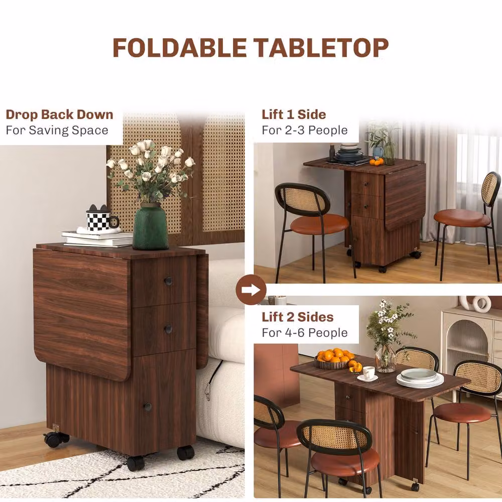 STILVORA Modern Brown Drop Leaf Dining Table with Storage and Castors – 6