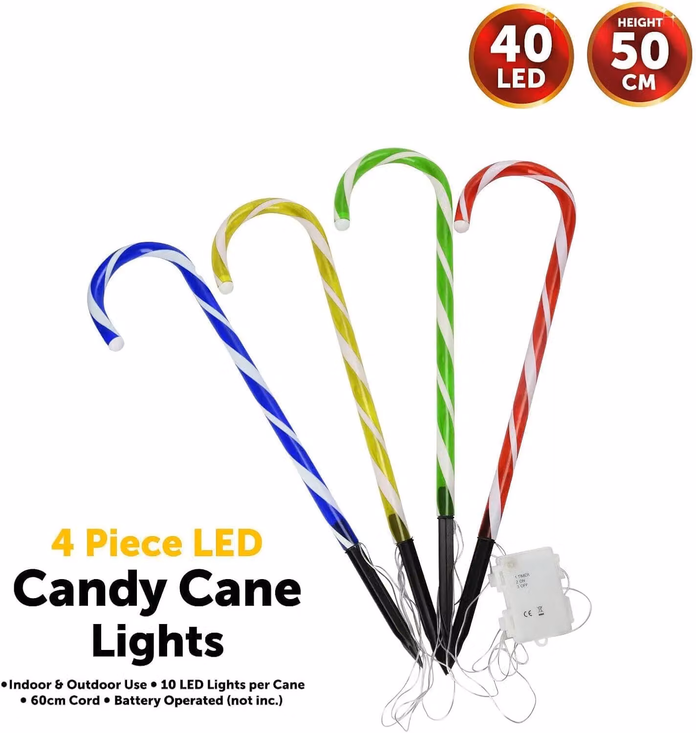 Almineez 4 Candy Cane Multi Coloured LED Light Up Garden Stakes, Height: 50 cm – 3