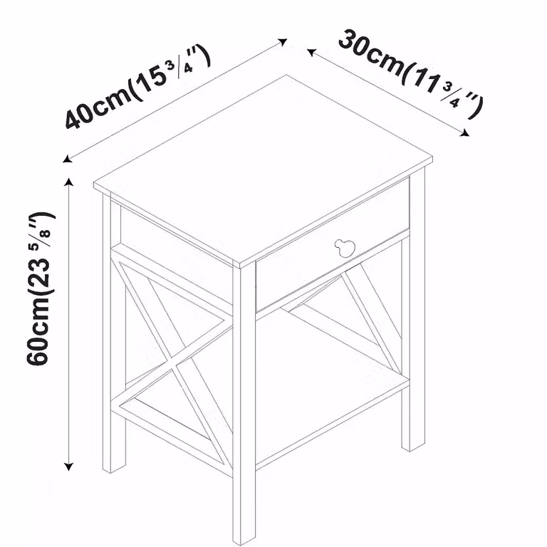 EONLION X-Frame Wooden Nightstand with Drawer and Shelf in Grey, W/D/H: 40 x 30 x 60 cm