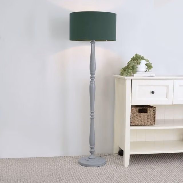 ValueLights Victoria Traditional Grey Wood Stem Floor Lamp with Green Fabric Drum Shade and LED Bulb – 1