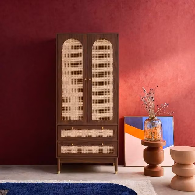 sweeek Boho Style Wardrobe with 2 Hinged Doors, 2 Internal Drawers and Hanging Rod, Dark Brown and Gold, H 180 x W 80 x D 50 cm – 1