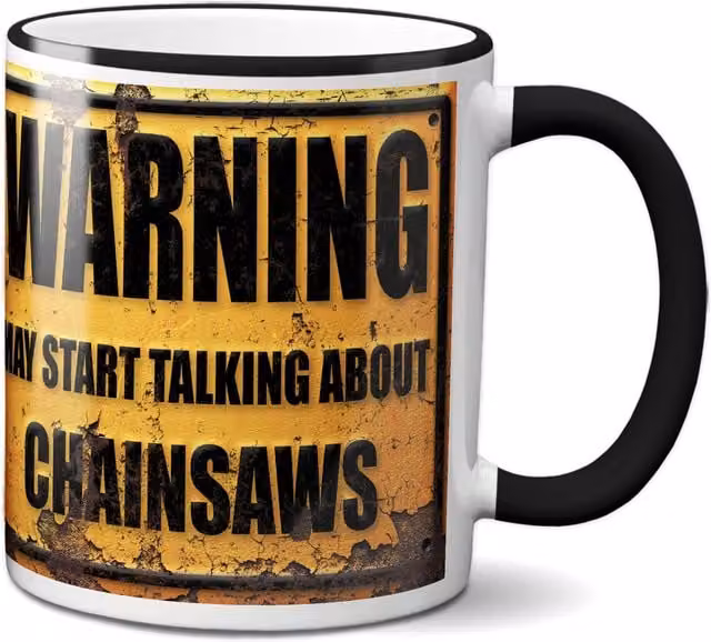Bad Zebedee Warning May Start Talking About Chainsaws Ceramic Mug in Black, 300ml