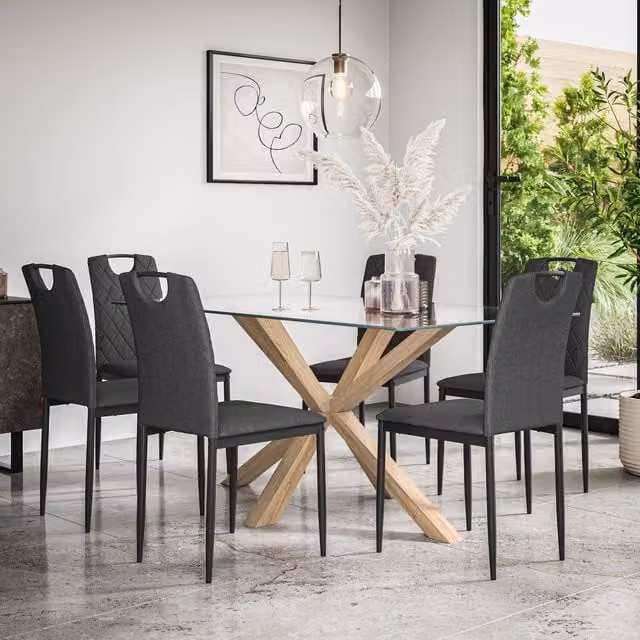 More4Homes Etta Glass Dining Table and Monza Fabric Chair Set in Anthracite with Solid Oak Legs