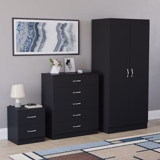 Vida Designs Riano 3 Piece Modern Black Bedroom Set including Wardrobe, Chest of Drawers and Nightstand