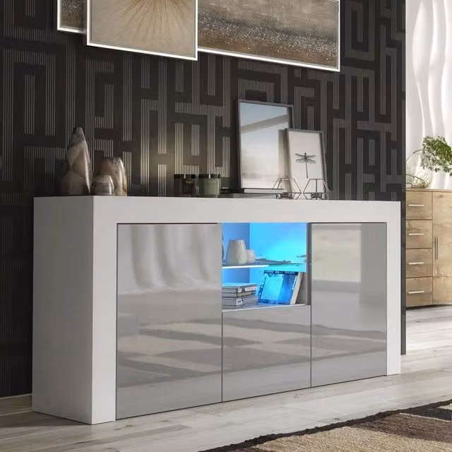 FORGEVIO Modern TV Unit Cabinet with White Matt Body and Grey Gloss Doors