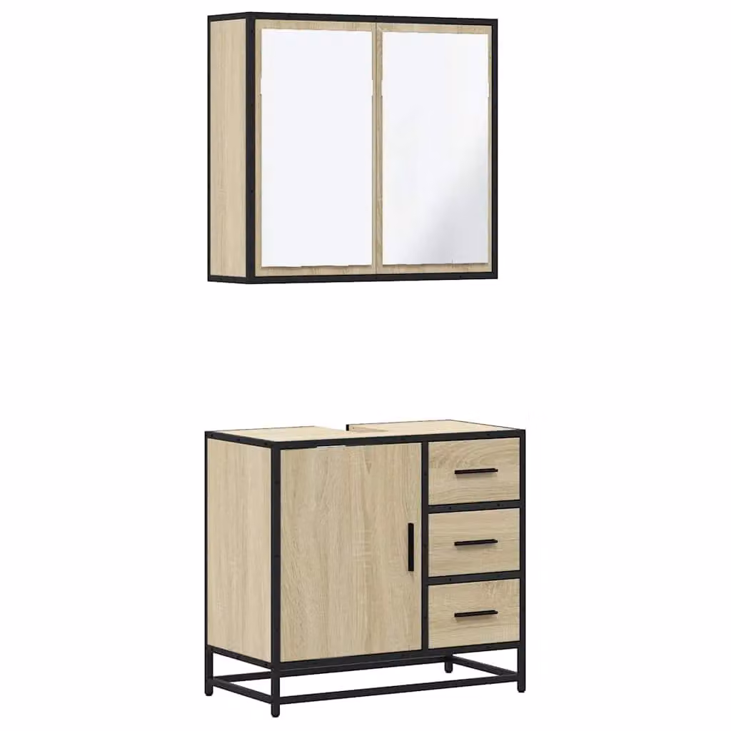 Berkfield Home 2 Piece Industrial Bathroom Furniture Set in Brown Sonoma Oak featuring Vanity Unit and Mirror Cabinet – 2