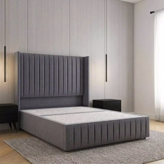 REGIONAL FURNISHINGS Luxury Velvet Upholstered Divan Bed with 54 inch Headboard and Footboard in Grey, Super King, W/D/H: 200 x 137.16 x 3 cm