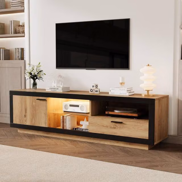 BTM Modern LED TV Stand with Drawer, Door and Open Shelves in Brown and Black, W/D/H: 160 x 40 x 50 cm – 1