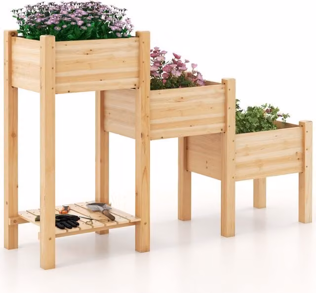 COSTWAY 3 Tier Wooden Raised Garden Bed Elevated Planter in Brown