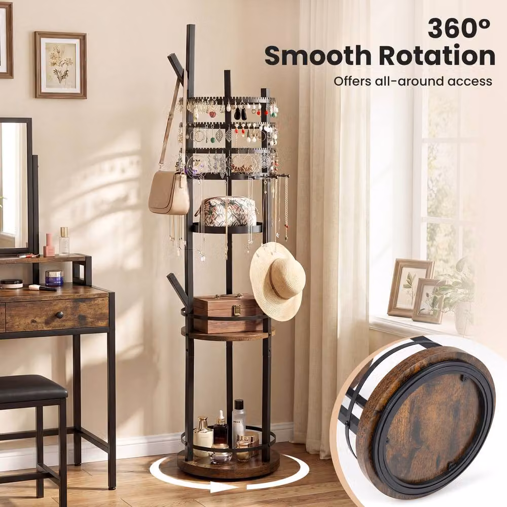 Costway Rotating Jewelry Display Tower with Earring and Necklace Holder in Brown – 5