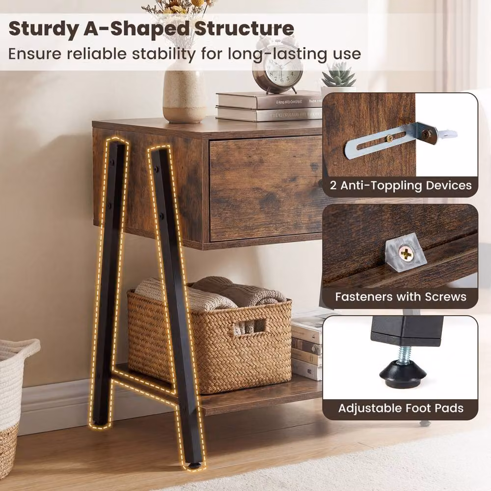 Costway Industrial Nightstand with Drawer and Shelf, Brown Wooden Bedside Table – 4
