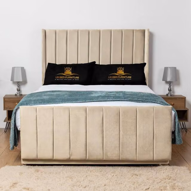 UK Bed Furniture Seoul Wingback Divan Bed Base with 54 Inch Headboard in Beige Velvet, W/D: 120 x 200 cm