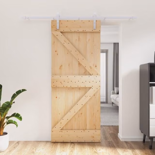 Berkfield Home Rustic Solid Pine Sliding Door with Hardware Set, Brown, W: 85 cm, H: 210 cm – 1