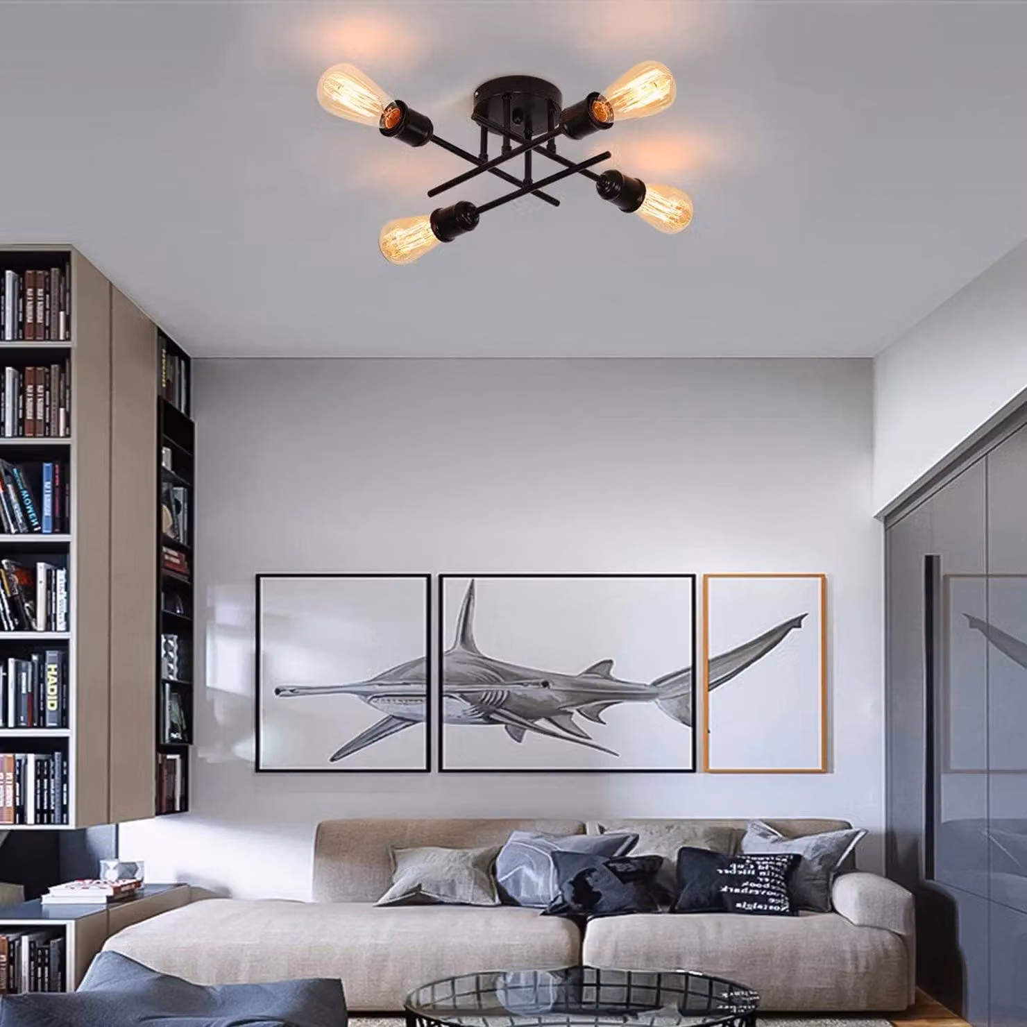 Garwarm 4-Light Industrial Semi Flush Mount Sputnik Ceiling Light in Black – 4