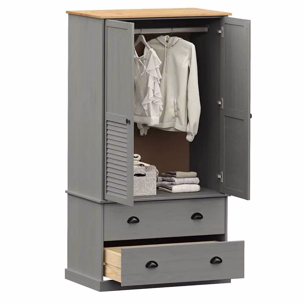 Berkfield Home VIGO Grey Solid Wood Pine Wardrobe with Hinged Doors and Internal Drawers, W/D/H: 90 x 55 x 176 cm – 2