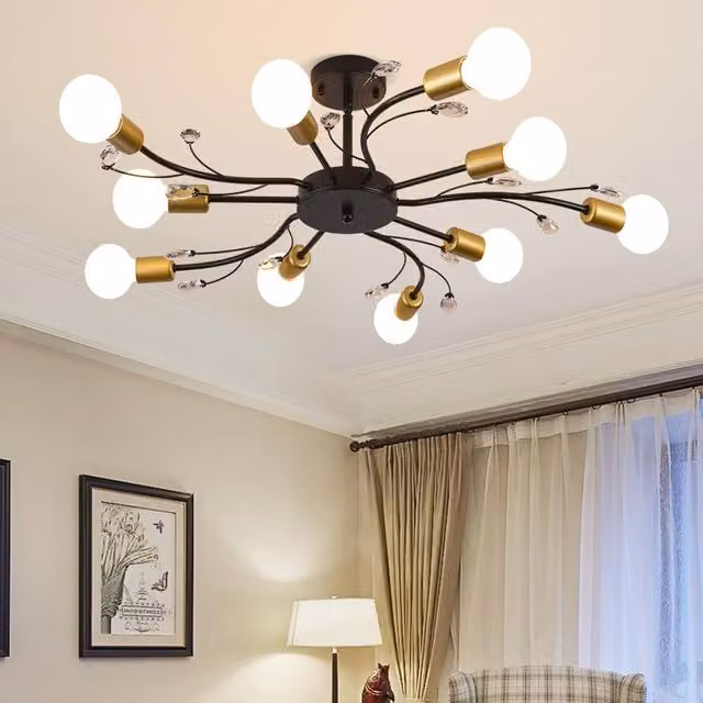 NIVOR Mid Century 10-Light Crystal Chandelier Flush Mount Ceiling Lamp in Black and Gold/Brass with E27 Bulbs – 1
