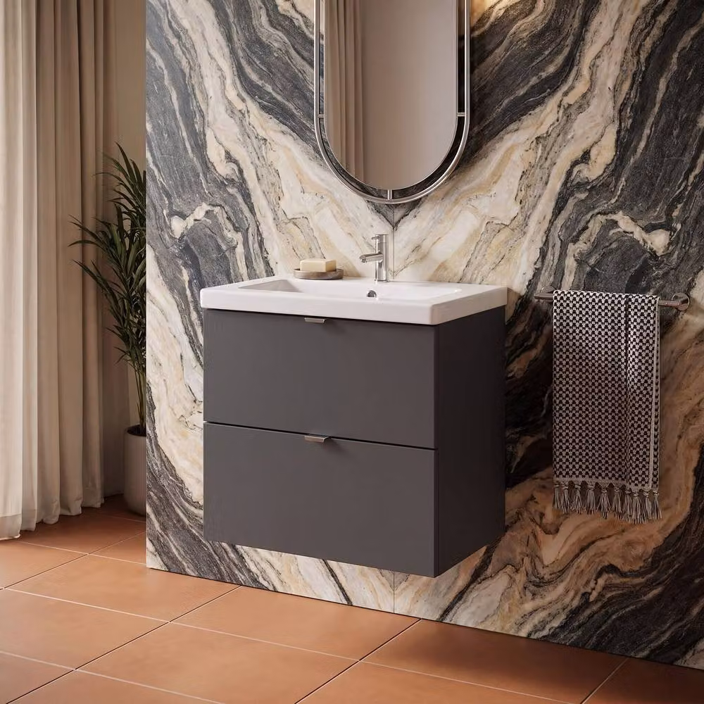 Balterley Alrewas Contemporary 2 Drawer Wall Hung Vanity Unit with Basin, Gloss Grey, W: 60 cm – 2