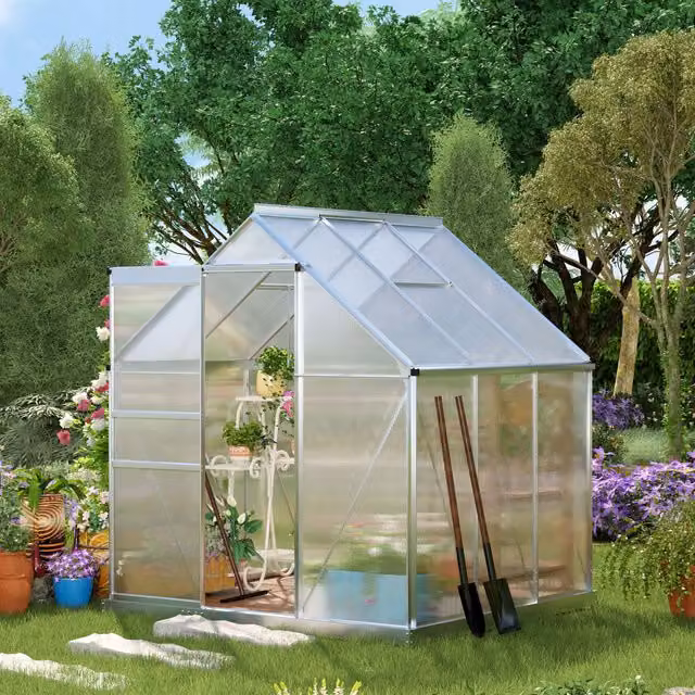 OUTSUNNY Silver Polycarbonate Walk-in Garden Greenhouse with Sliding Door and Windows, W/D/H: 200 x 190 x 190 cm
