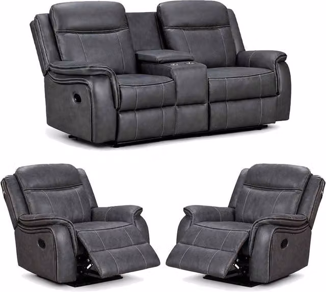 Furnishings For Less UK Tara 3 Piece Reclining Sofa Suite in Grey Fabric and Leather Look