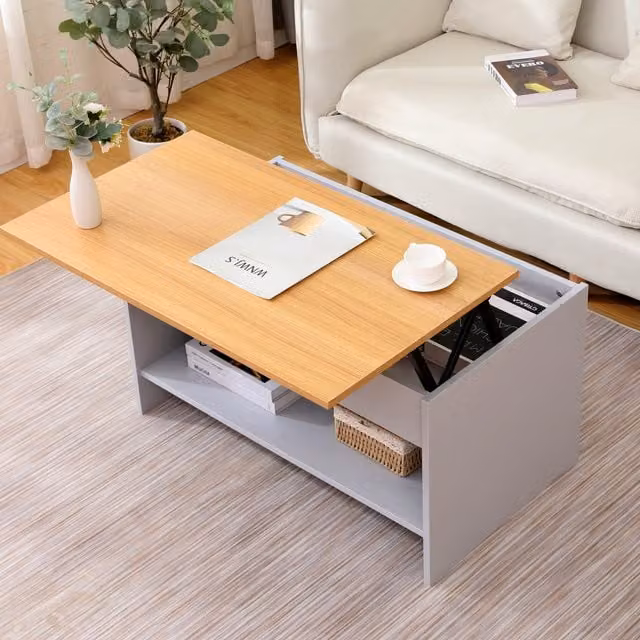 HMD Grey Modern Lift Up Coffee Table with Bottom Storage Shelf