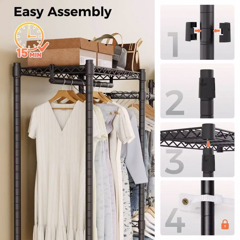 FORGEVIO Black Heavy Duty Metal Clothing Garment Rack with Hanging Rail – 3