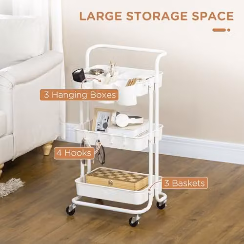 HOMCOM 3-Tier Metal Utility Rolling Cart with 3 Baskets and 4 Hooks, White, W: 38.0 cm, D: 42.0 cm, H: 86.5 cm – 2