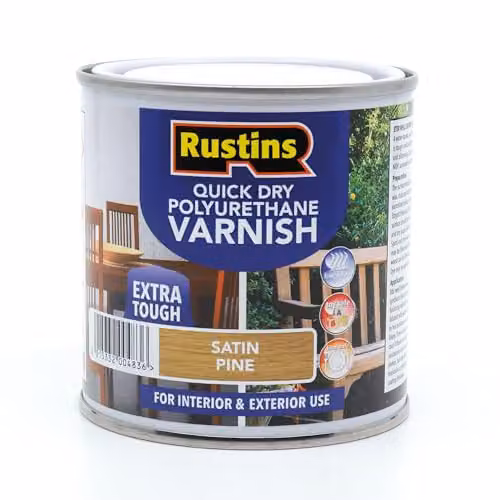 Rustins Quick Dry Polyurethane Varnish Satin Pine 250ml - Water-Based Brown Wood Finish – 1