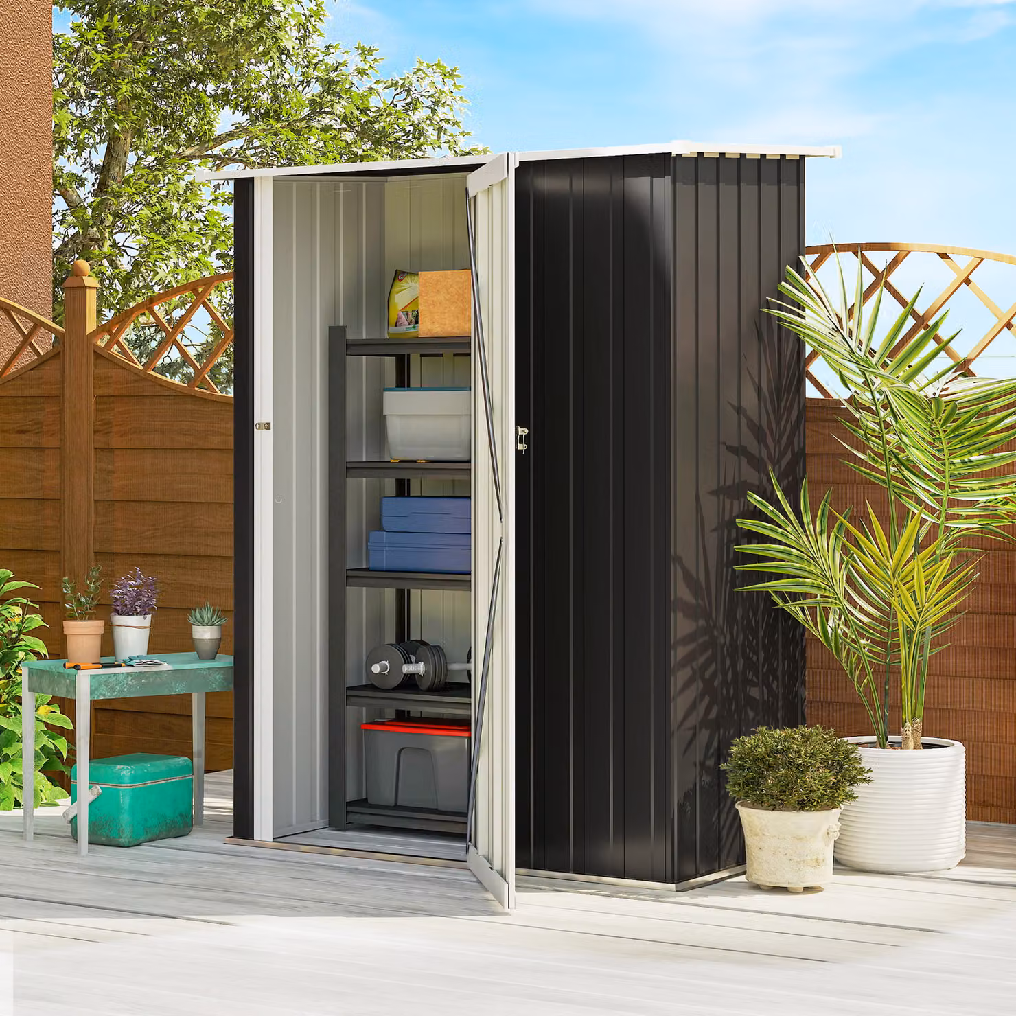 Outsunny Grey Garden Storage Shed with Sloped Roof and Lockable Door, W/D/H: 142 x 84 x 189 cm – 2
