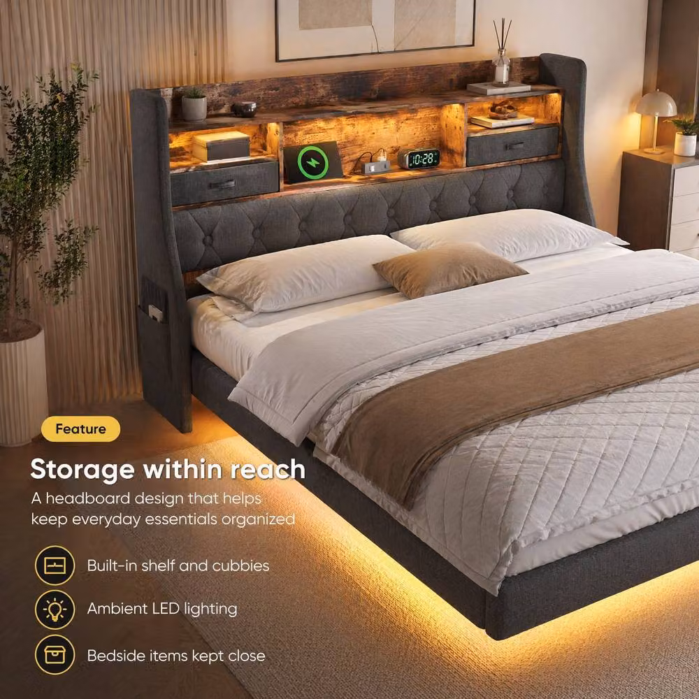 STILVORA Double Bed Frame in Grey with LED Headboard, USB Charging Ports and Storage Compartments, W/D/H: 140 x 200 x 135 cm – 5