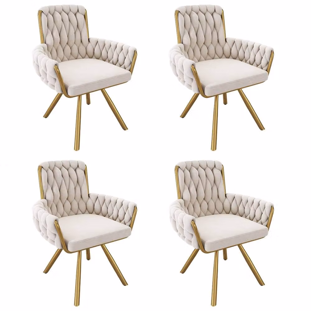 HomeTouch Set of 2 Beige Velvet Upholstered Swivel Kitchen Dining Chairs with Gold Metal Legs – 2