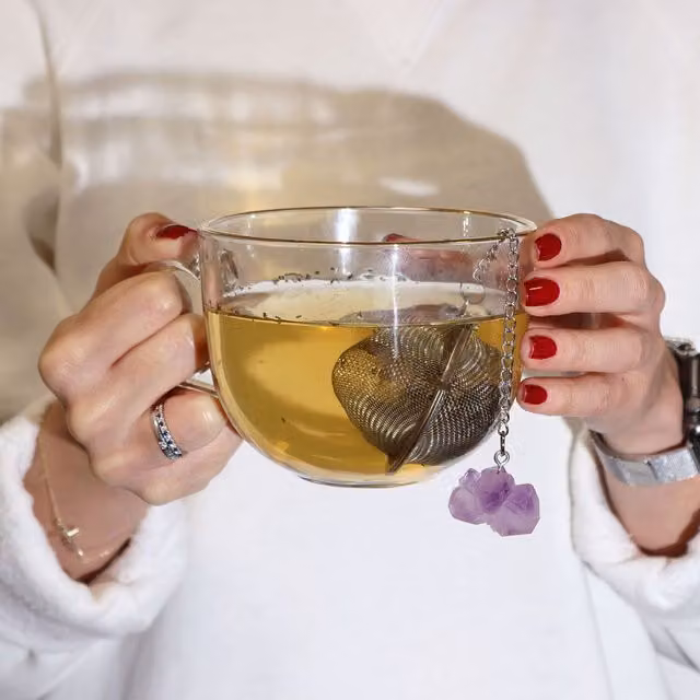 KDMK Amethyst Cluster Raw Crystal Gemstone Tea Strainer with Fine Mesh Stainless Steel Sieve in Purple