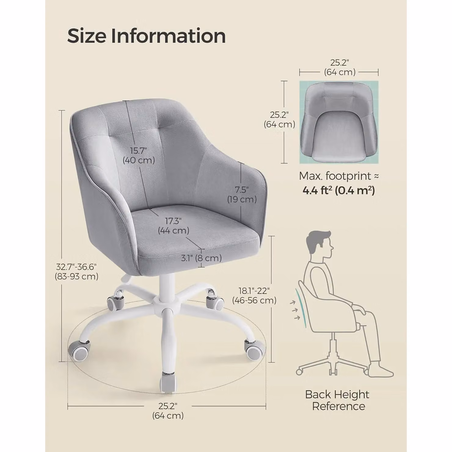 SONGMICS Velvet Swivel Task Chair with Armrests in Light Grey – 3